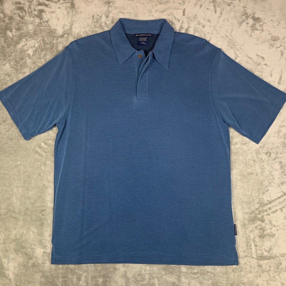 ExOfficio Polo Shirt Mens M Short Sleeve Blue Textured Rayon Blend Soft Travel